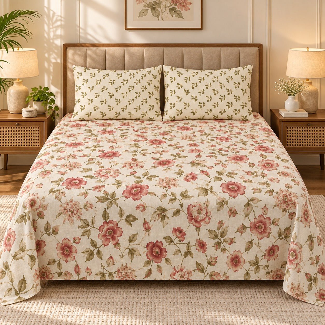 Rosewood Blossom Cream Printed Cotton Double Bed Sheet with 2 Pillow Cases - The Idea