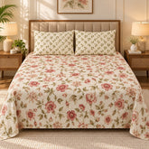 Rosewood Blossom Cream Printed Cotton Double Bed Sheet with 2 Pillow Cases - The Idea