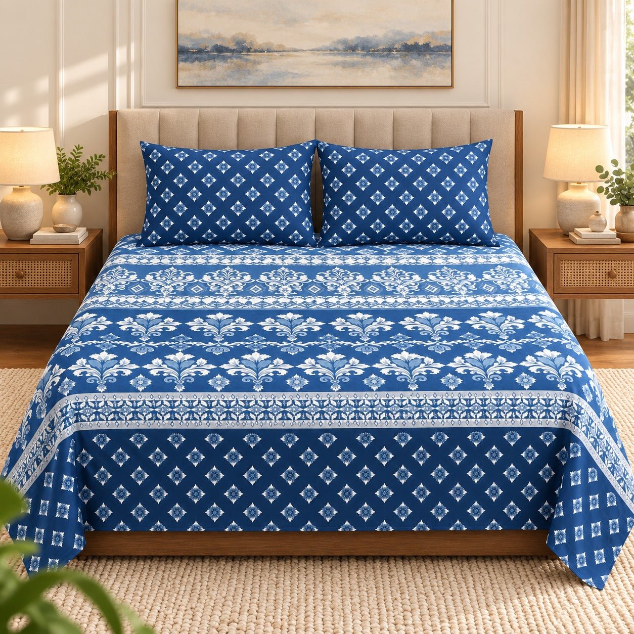 Royal Blue Damask Printed Cotton Double Bed Sheet with 2 Pillow Cases - The Idea