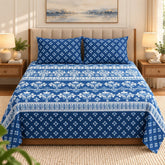 Royal Blue Damask Printed Cotton Double Bed Sheet with 2 Pillow Cases - The Idea