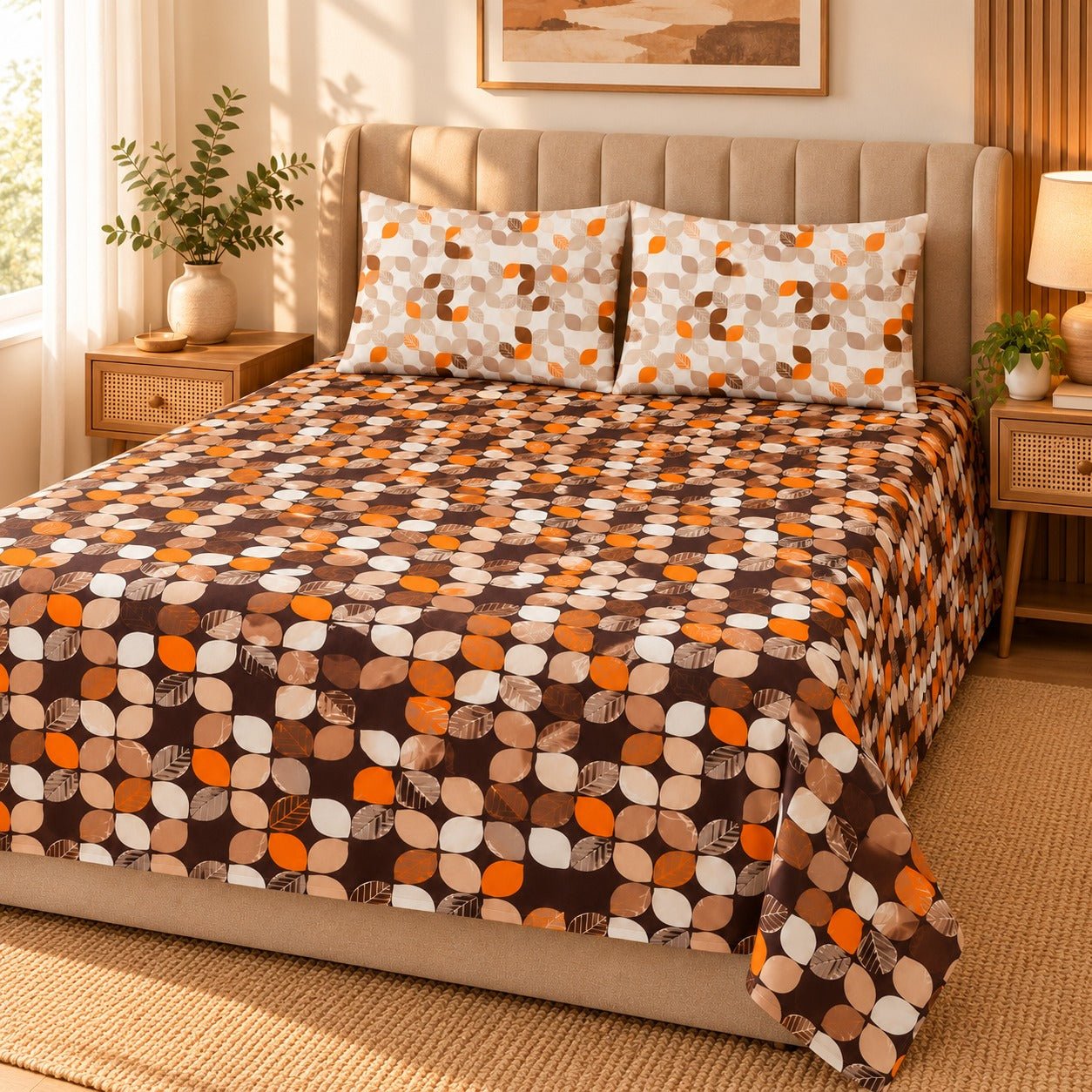 Rust Geo Blocks Printed Cotton Double Bed Sheet with 2 Pillow Cases - The Idea