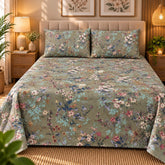Sage Bouquet Printed Cotton Double Bed Sheet with 2 Pillow Cases - The Idea