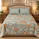 Sage Chrysanthemum Rust Printed Cotton Double Bed Sheet with 2 Pillow Cases - The Idea