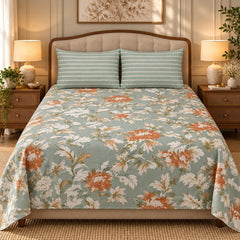 Sage Chrysanthemum Rust Printed Cotton Double Bed Sheet with 2 Pillow Cases - The Idea