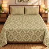 Sage Floral Medallion Printed Cotton Double Bed Sheet with 2 Pillow Cases - The Idea