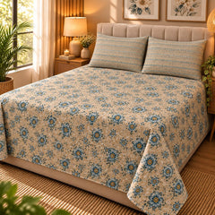 Sandstone Blue Daisy Printed Cotton Double Bed Sheet with 2 Pillow Cases - The Idea