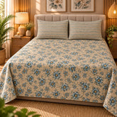 Sandstone Blue Daisy Printed Cotton Double Bed Sheet with 2 Pillow Cases - The Idea