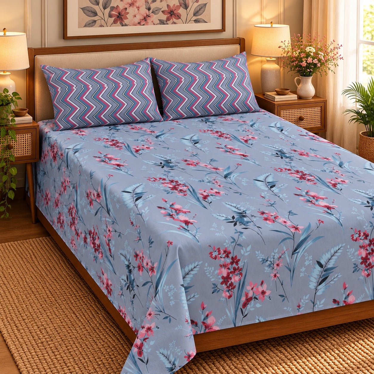 Sepia Bloom Printed Cotton Double Bed Sheet with 2 Pillow Cases - The Idea