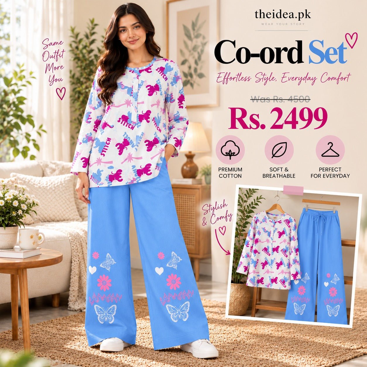 Stitch Printed Top & Blue Butterfly Trouser Co-ord Set - The Idea