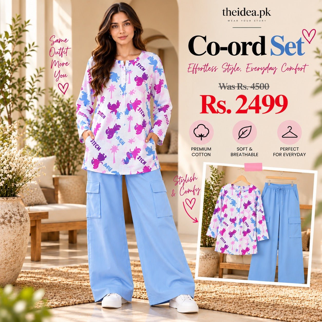 Stitch Printed Top & Sky Blue Cargo Trouser Co-ord Set - The Idea