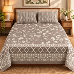 Taupe Heritage Vine Printed Cotton Double Bed Sheet with 2 Pillow Cases - The Idea