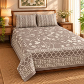 Taupe Heritage Vine Printed Cotton Double Bed Sheet with 2 Pillow Cases - The Idea