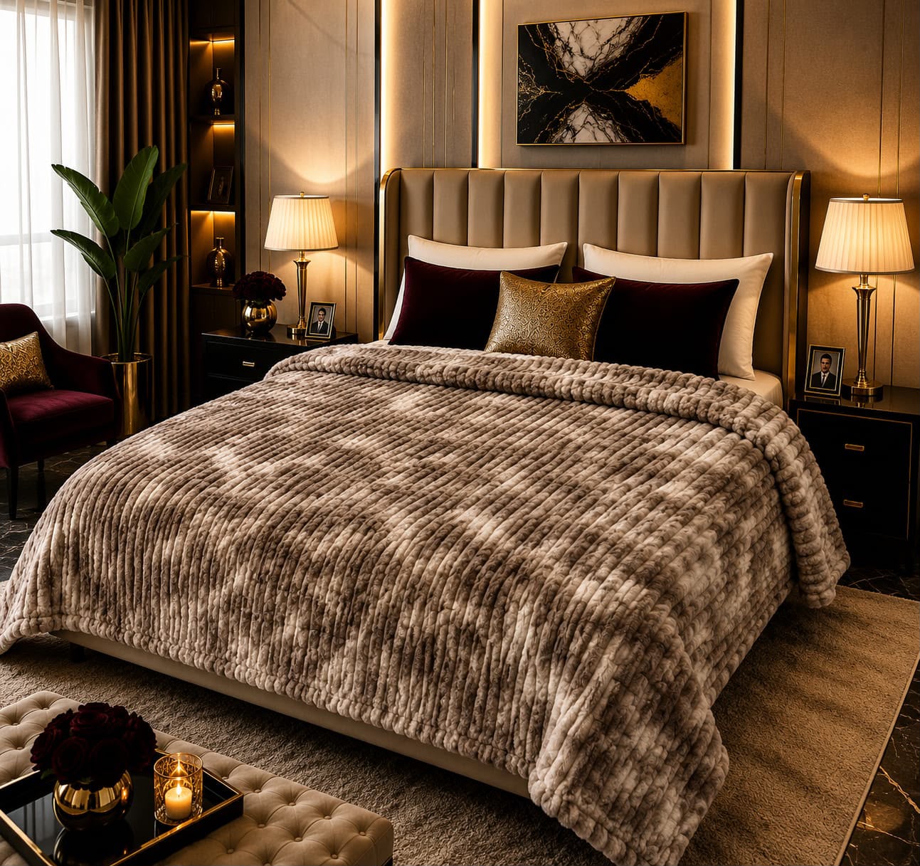 Luxury Taupe Mink Marble Fleece Blanket Double Bed