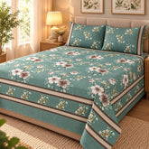 Teal Garden Border Printed Cotton Double Bed Sheet with 2 Pillow Cases - The Idea
