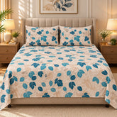 Teal Leaf Scatter Printed Cotton Double Bed Sheet with 2 Pillow Cases - The Idea