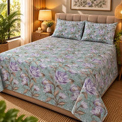 Tropical Hibiscus Stripe Printed Cotton Double Bed Sheet with 2 Pillow Cases - The Idea