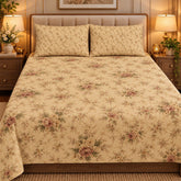 Vintage Rose Cream Printed Cotton Double Bed Sheet with 2 Pillow Cases - The Idea