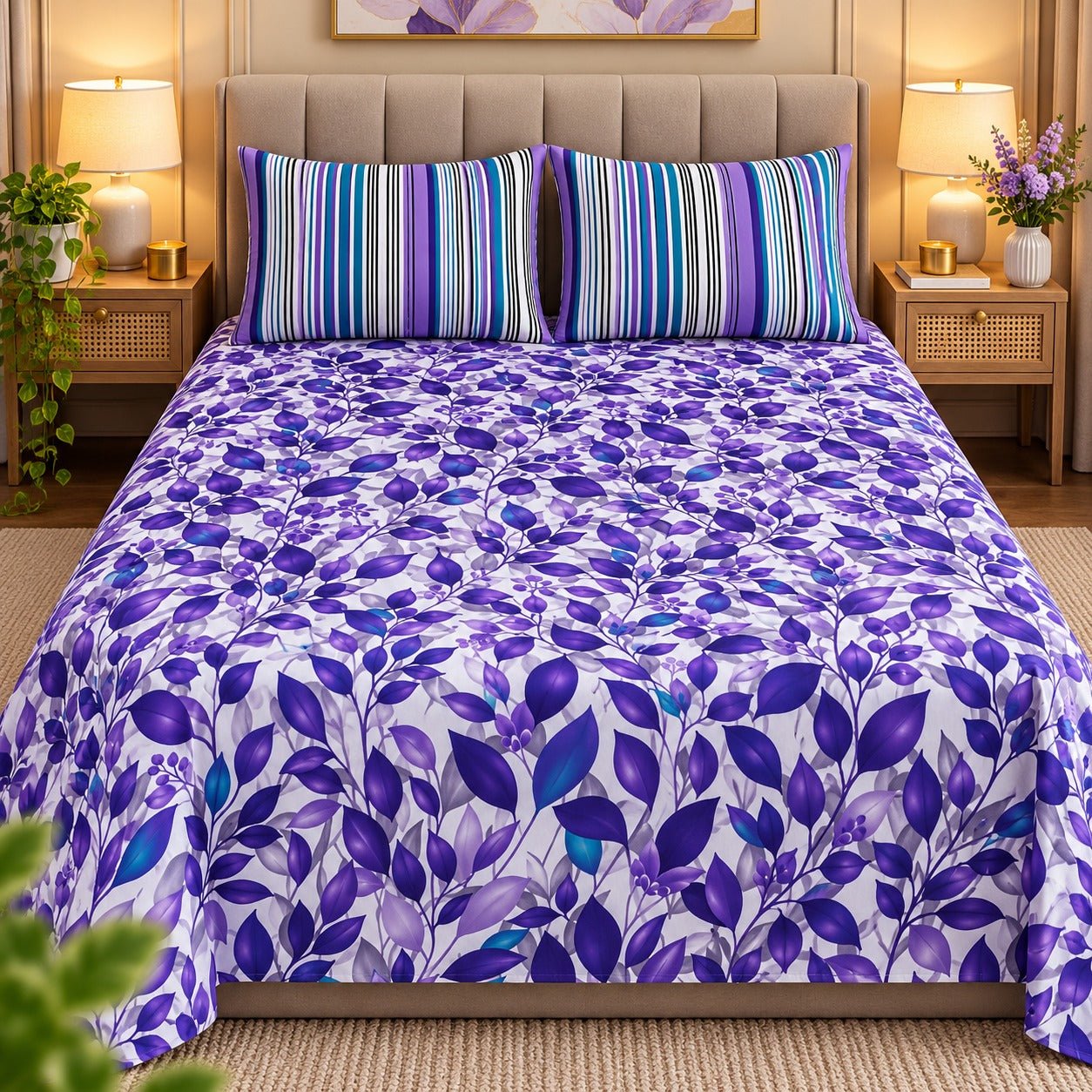 Violet Leaf Cascade Printed Cotton Double Bed Sheet with 2 Pillow Cases - The Idea