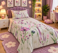 Wildflower Lavender Garden Kids Single Bed Sheet with Pillow Case - The Idea