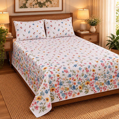 Wildflower Meadow Printed Cotton Double Bed Sheet with 2 Pillow Cases - The Idea