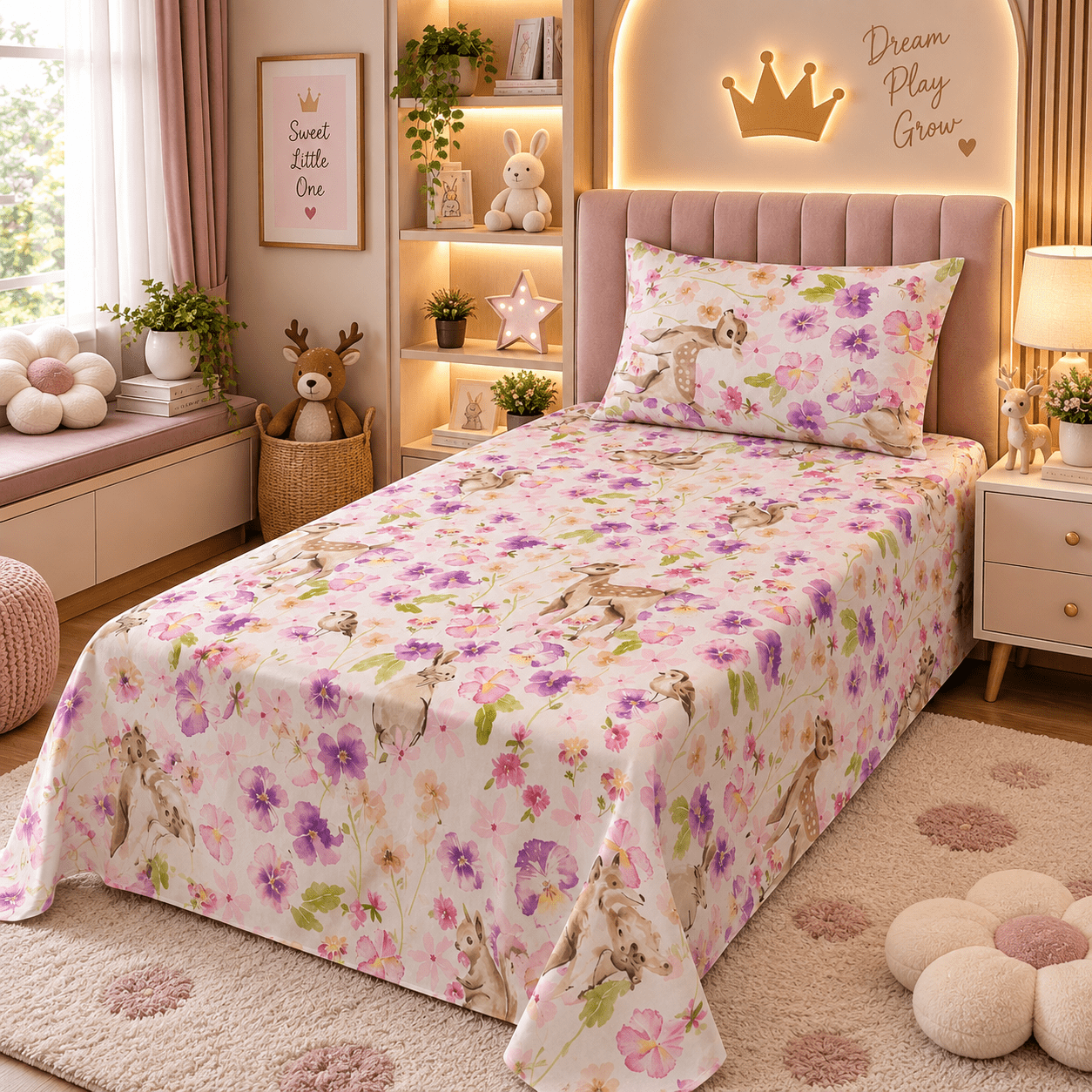 Woodland Deer Blossom Kids Single Bed Sheet with Pillow Case - The Idea