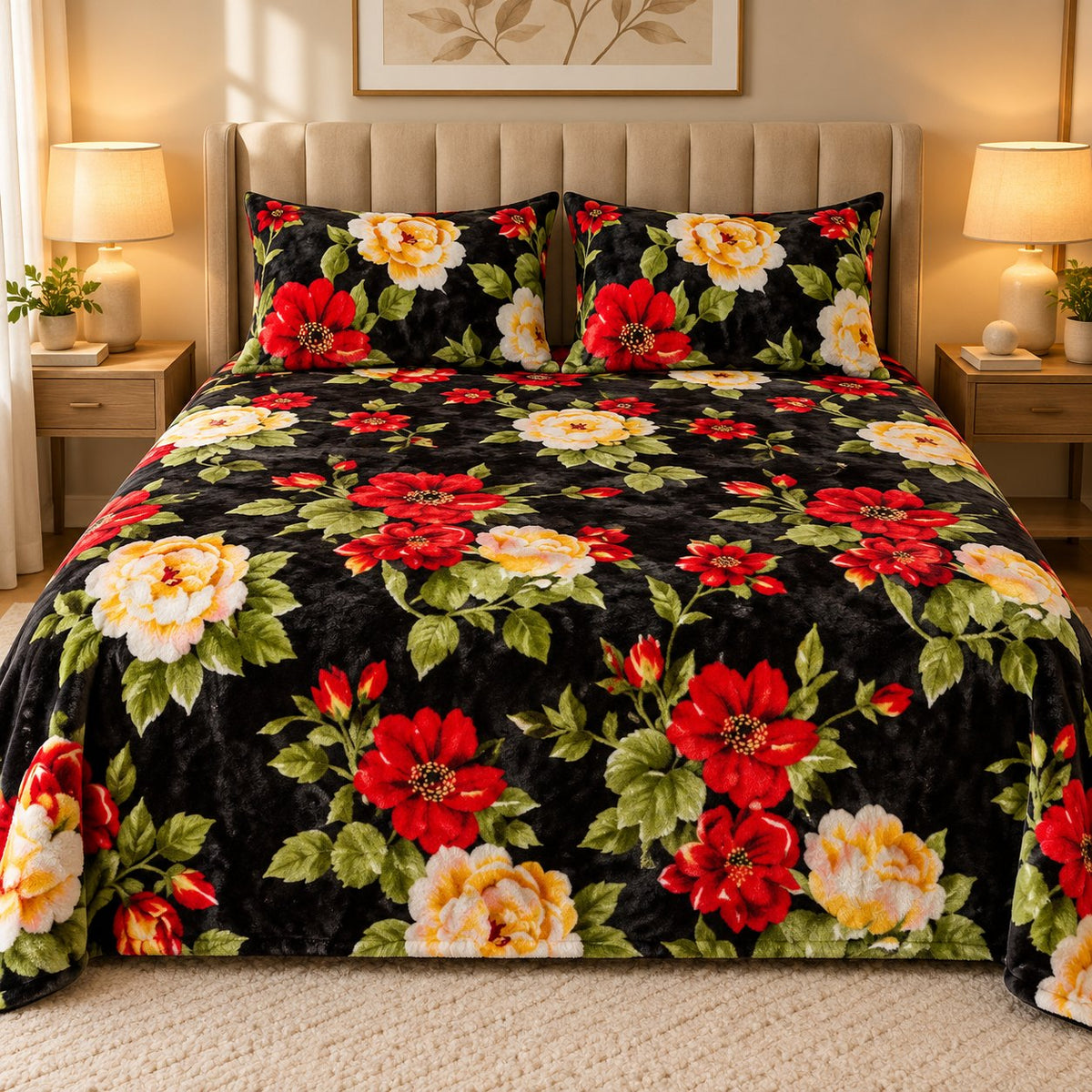 Midnight Garden Bloom Fleece Double Bed Sheet with 2 Pillow Cases - 90 x 95 Inches - The Idea