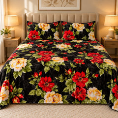 Midnight Garden Bloom Fleece Double Bed Sheet with 2 Pillow Cases - 90 x 95 Inches - The Idea
