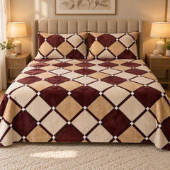 Maroon Diamond Check Fleece Double Bed Sheet with 2 Pillow Cases - 90 x 95 Inches - The Idea