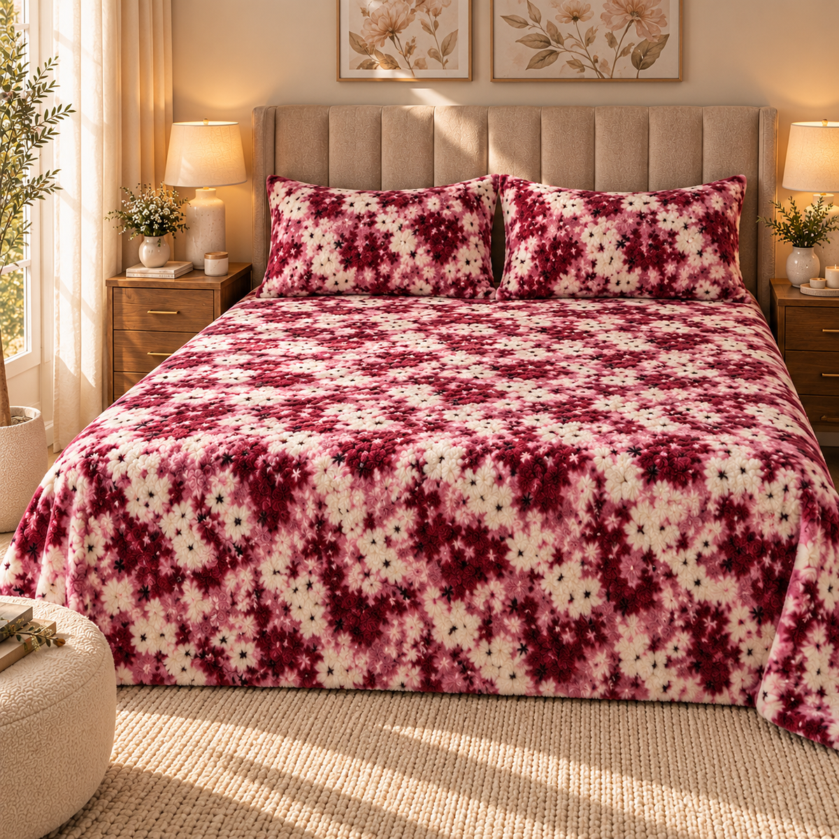 Burgundy Blossom Sherpa Double Bed Sheet with 2 Pillow Cases