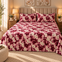 Burgundy Blossom Sherpa Double Bed Sheet with 2 Pillow Cases