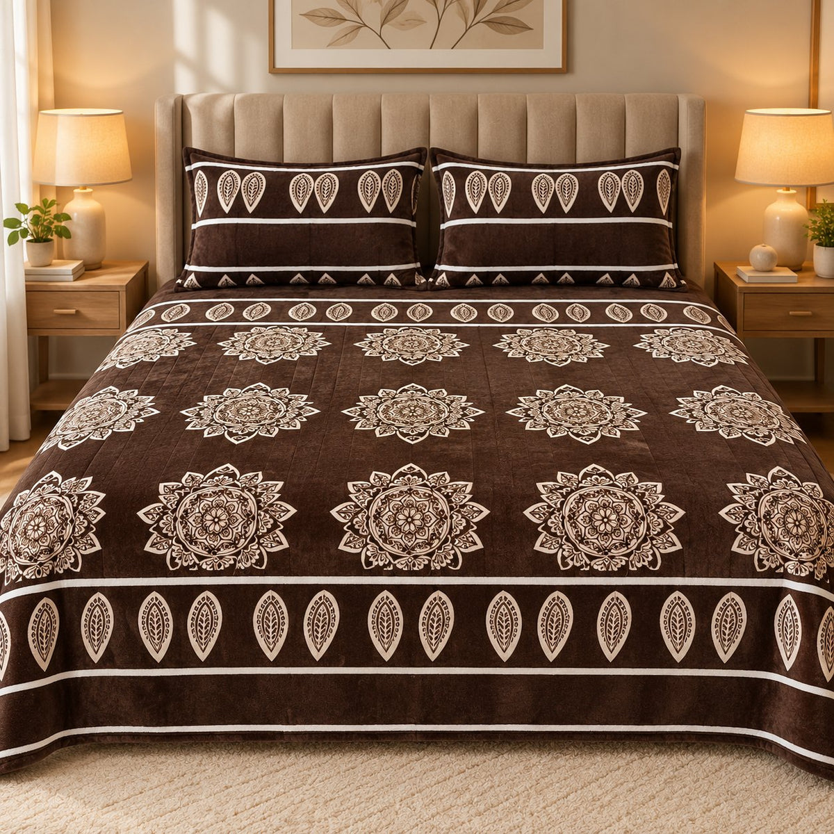 Chocolate Mandala Fleece Double Bed Sheet with 2 Pillow Cases - 90 x 95 Inches - The Idea