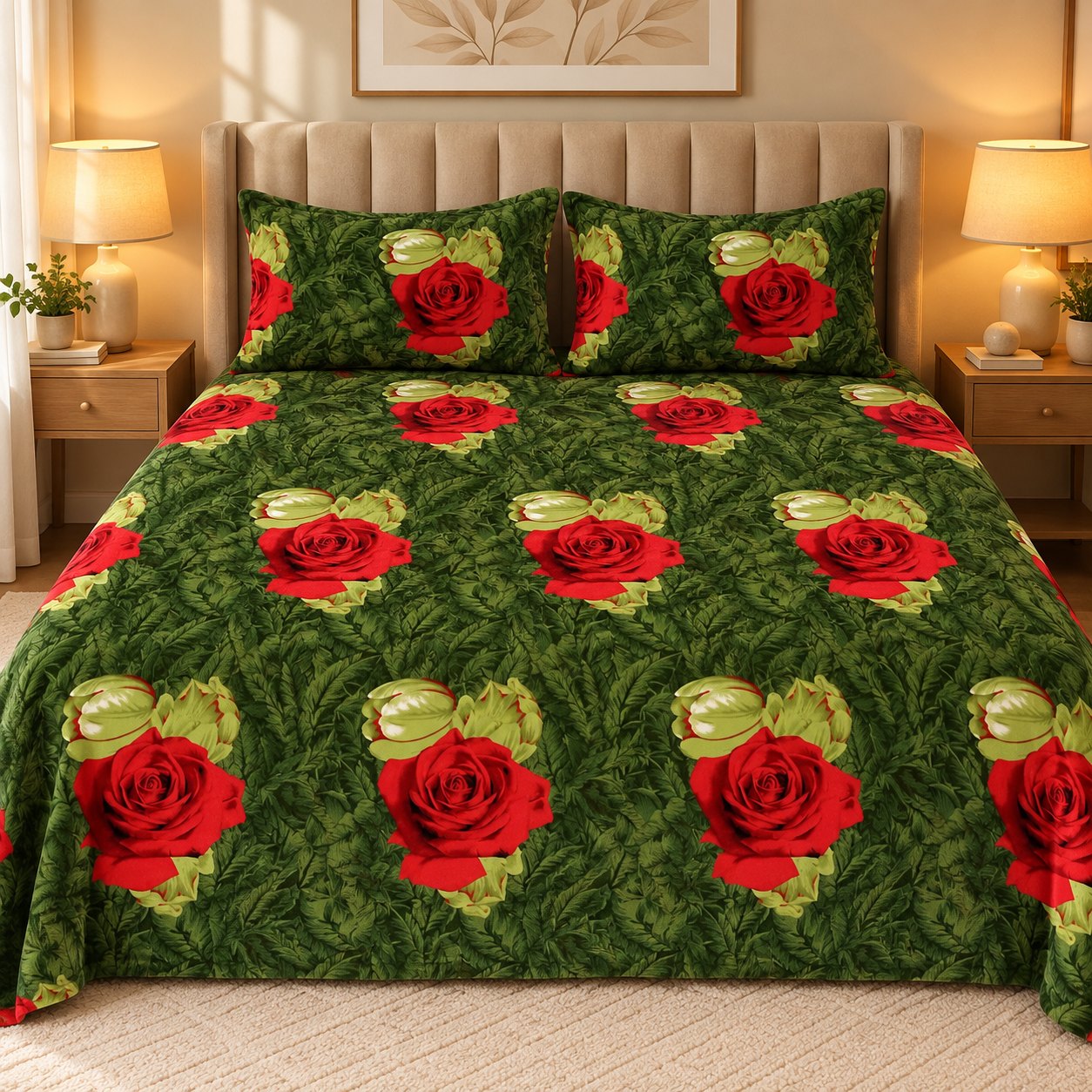 Rose Garden Green Fleece Double Bed Sheet with 2 Pillow Cases - 90 x 95 Inches - The Idea