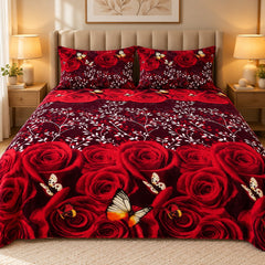 Red Rose Butterfly Fleece Double Bed Sheet with 2 Pillow Cases - 90 x 95 Inches - The Idea