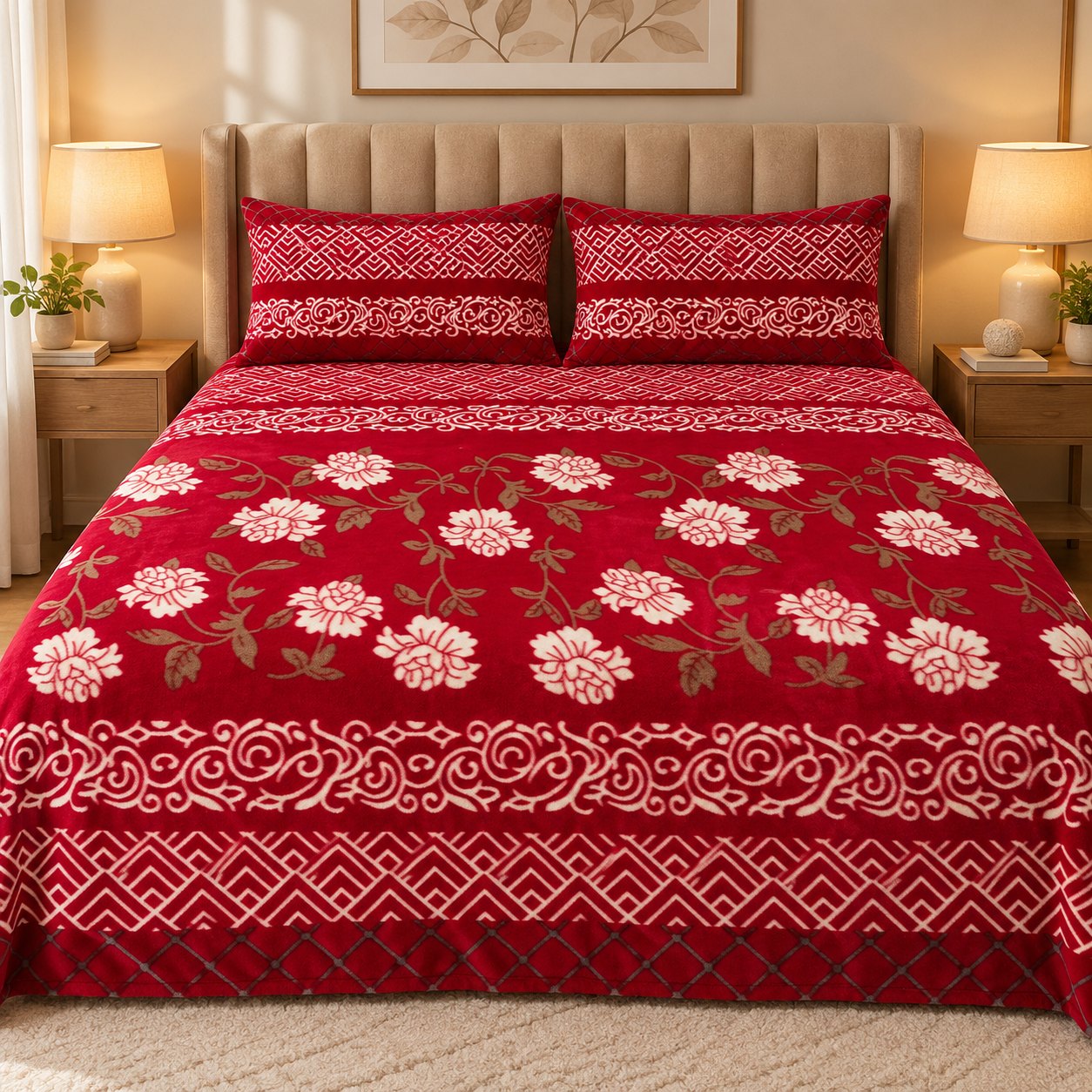 Crimson Jacquard Floral Fleece Double Bed Sheet with 2 Pillow Cases - 90 x 95 Inches - The Idea