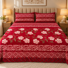 Crimson Jacquard Floral Fleece Double Bed Sheet with 2 Pillow Cases - 90 x 95 Inches - The Idea