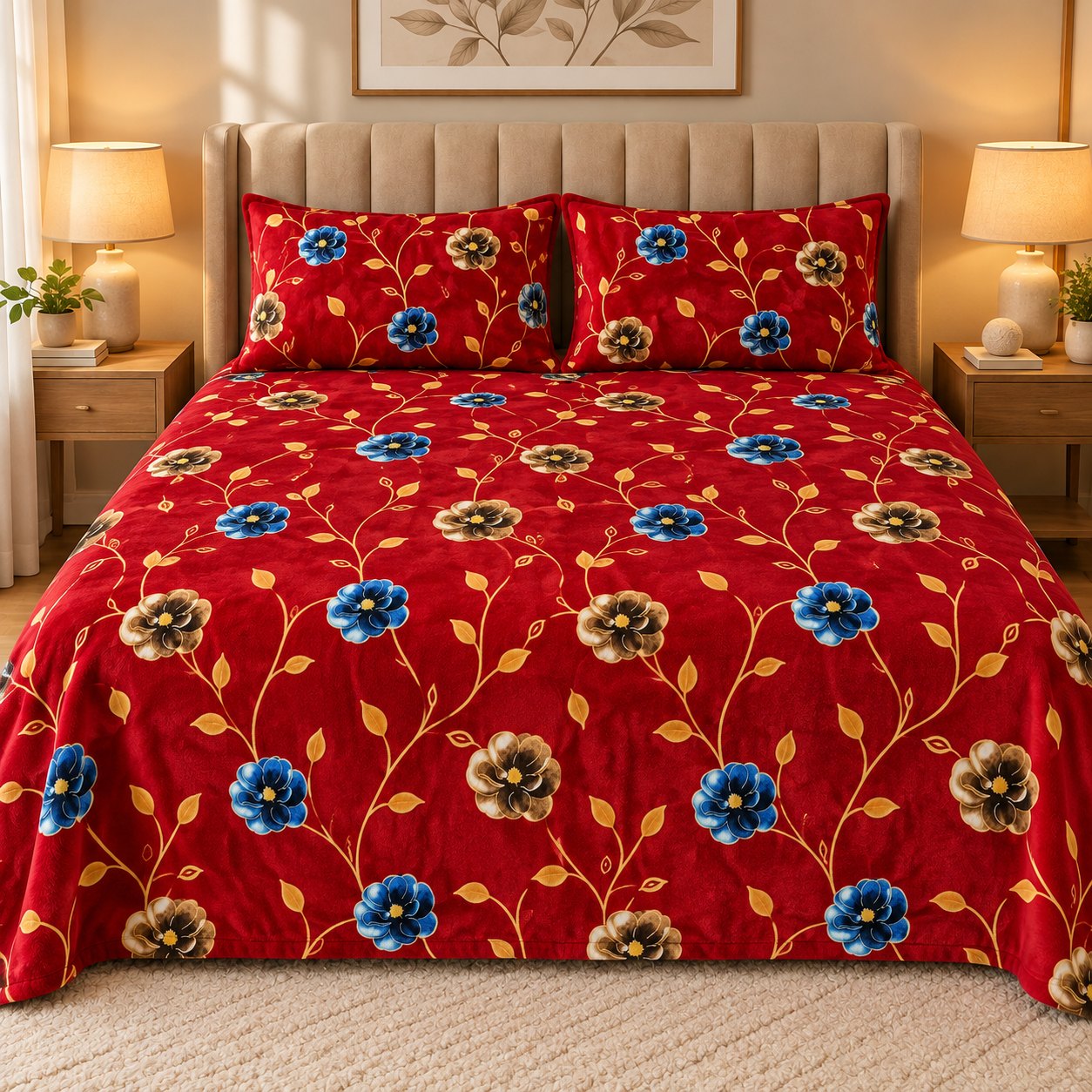 Ruby Blossom Vine Fleece Double Bed Sheet with 2 Pillow Cases - 90 x 95 Inches - The Idea