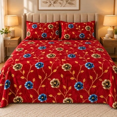 Ruby Blossom Vine Fleece Double Bed Sheet with 2 Pillow Cases - 90 x 95 Inches - The Idea