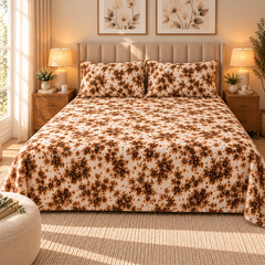 Caramel Floral Sherpa Double Bed Sheet with 2 Pillow Cases