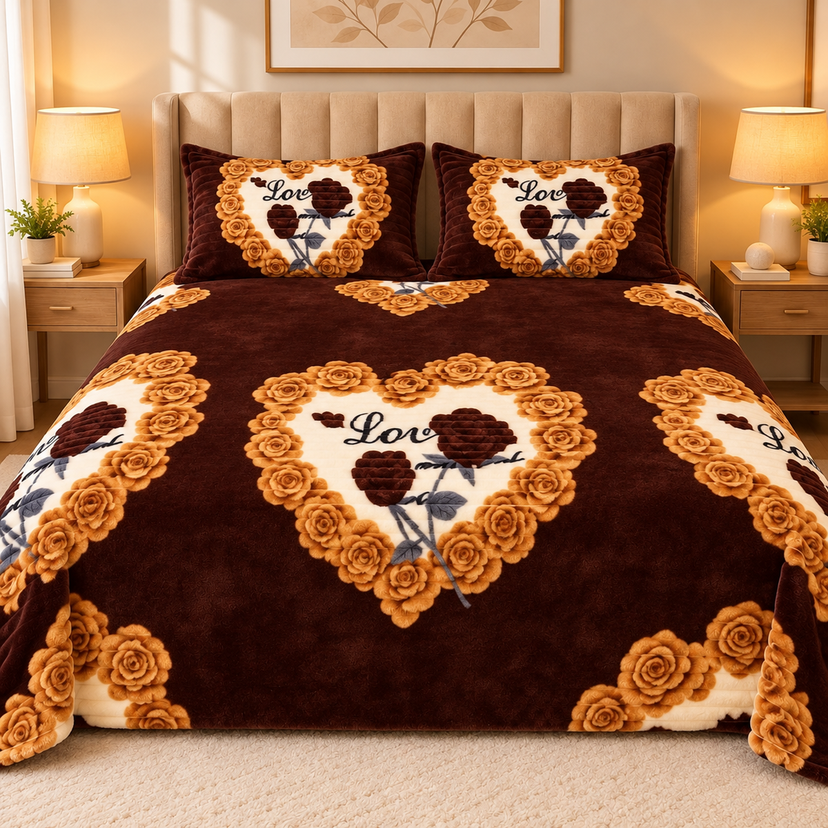 Love Rose Heart Fleece Double Bed Sheet with 2 Pillow Cases - 90 x 95 Inches