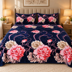 Navy Peony Swirl Fleece Double Bed Sheet with 2 Pillow Cases - 90 x 95 Inches - The Idea