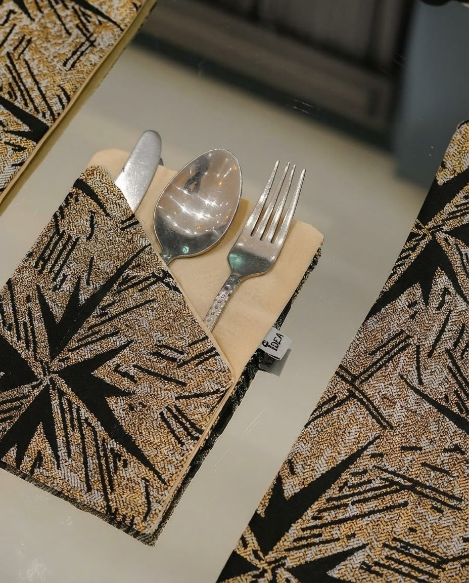 Black Gold Branch Jacquard Dining Set – Table Runner, 6 Placemats & 6 Spoon Covers