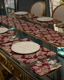 Wine Red Gold Starburst Jacquard Dining Set – Table Runner, 6 Placemats & 6 Spoon Covers