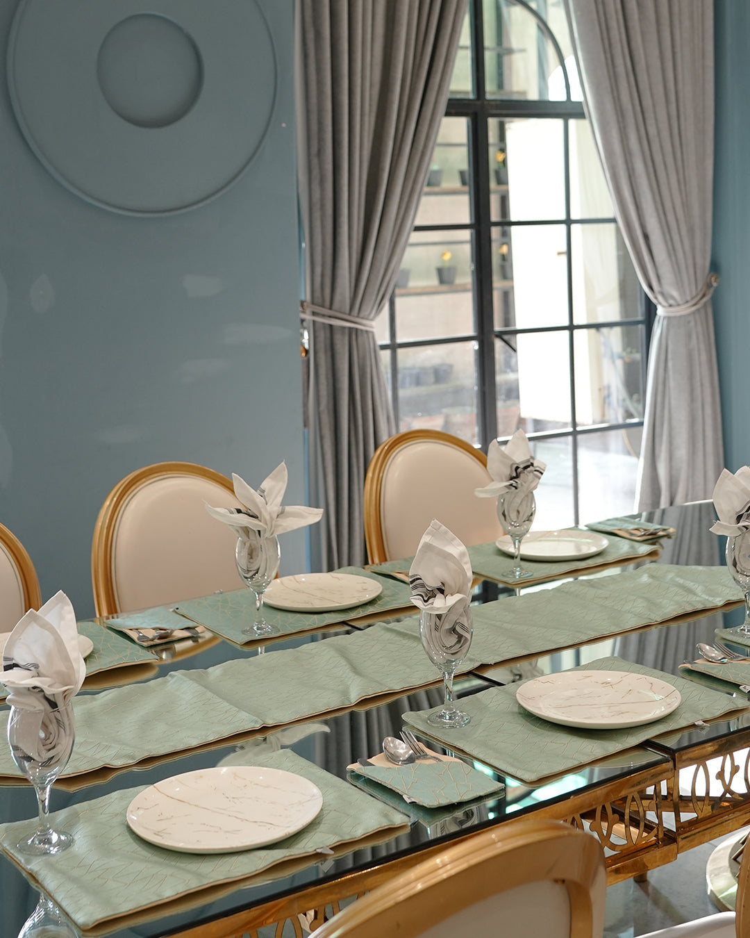 Mint Green Geometric Jacquard Dining Set – Table Runner, 6 Placemats & 6 Spoon Covers