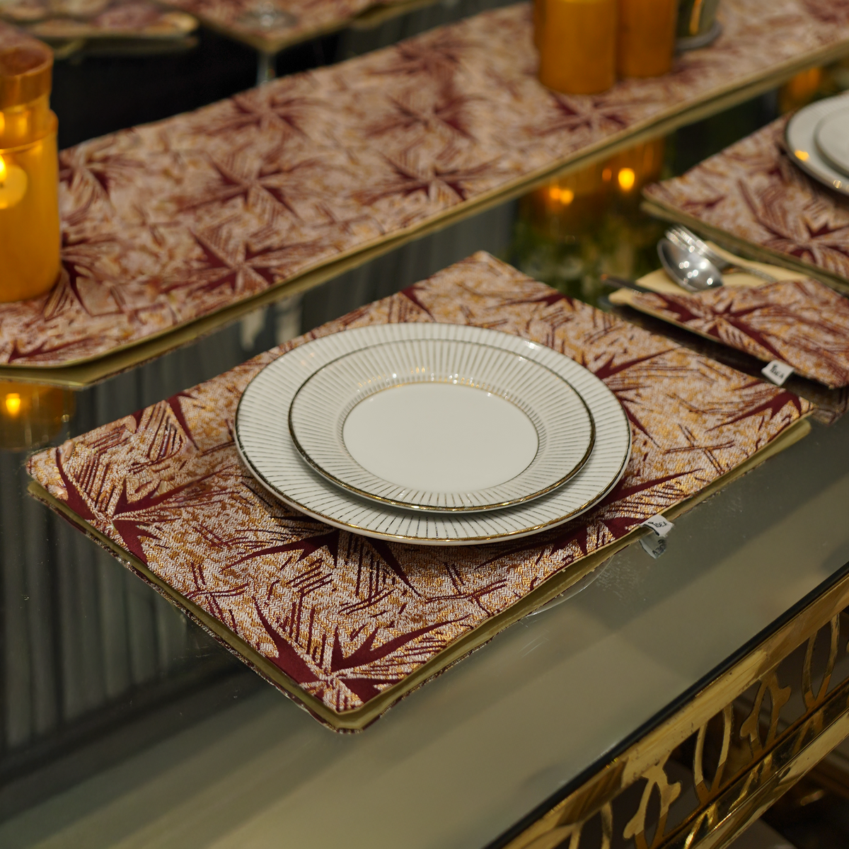 Rust Gold Mosaic Jacquard Dining Set – Table Runner, 6 Placemats & 6 Spoon Covers