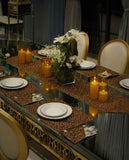 Burgundy Gold Starburst Jacquard Dining Set – Table Runner, 6 Placemats & 6 Spoon Covers