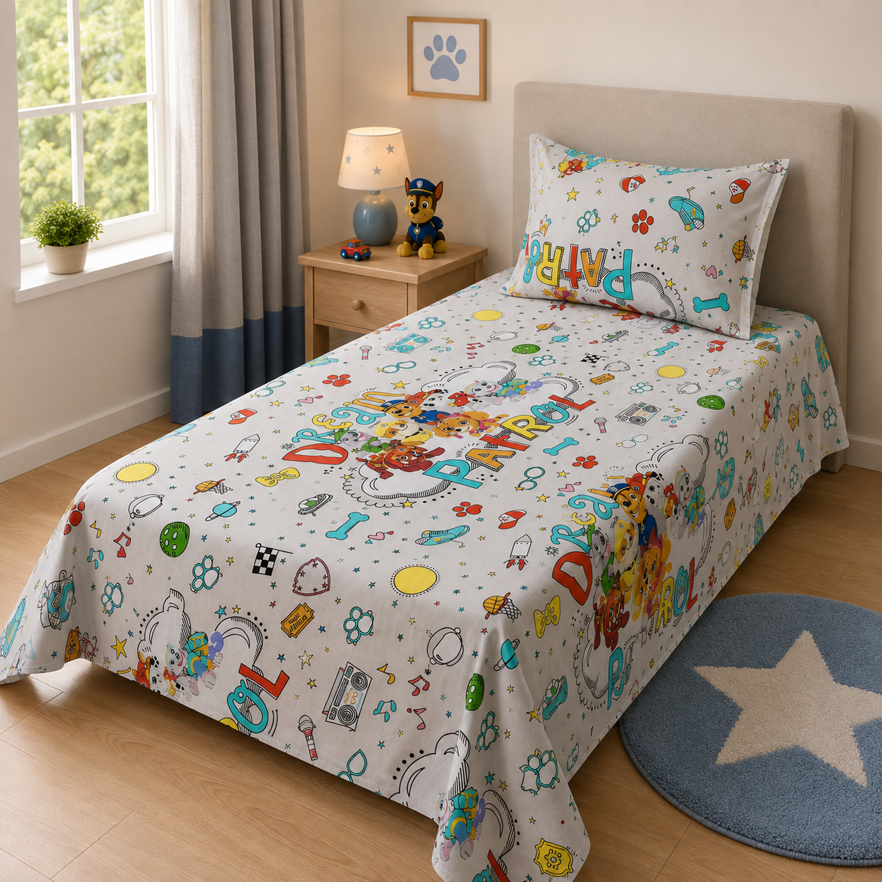 Puppy patrol print kids single bedsheet 60x90 inches