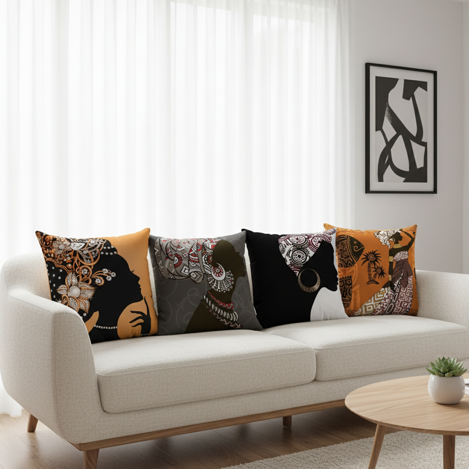 African Closeup Women Cushion Covers Pack 4