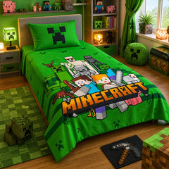 Green pixel gaming print kids single bedsheet 60x90 inches