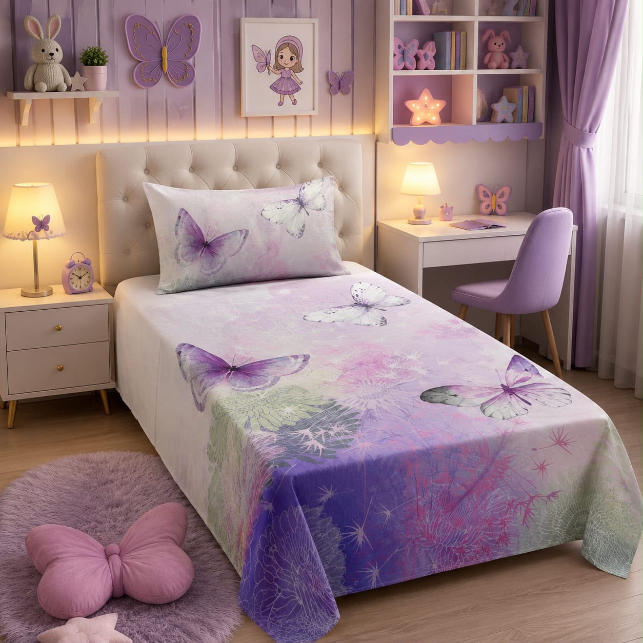 Purple butterfly kids single bed sheet with matching pillow case by Haris Collection
