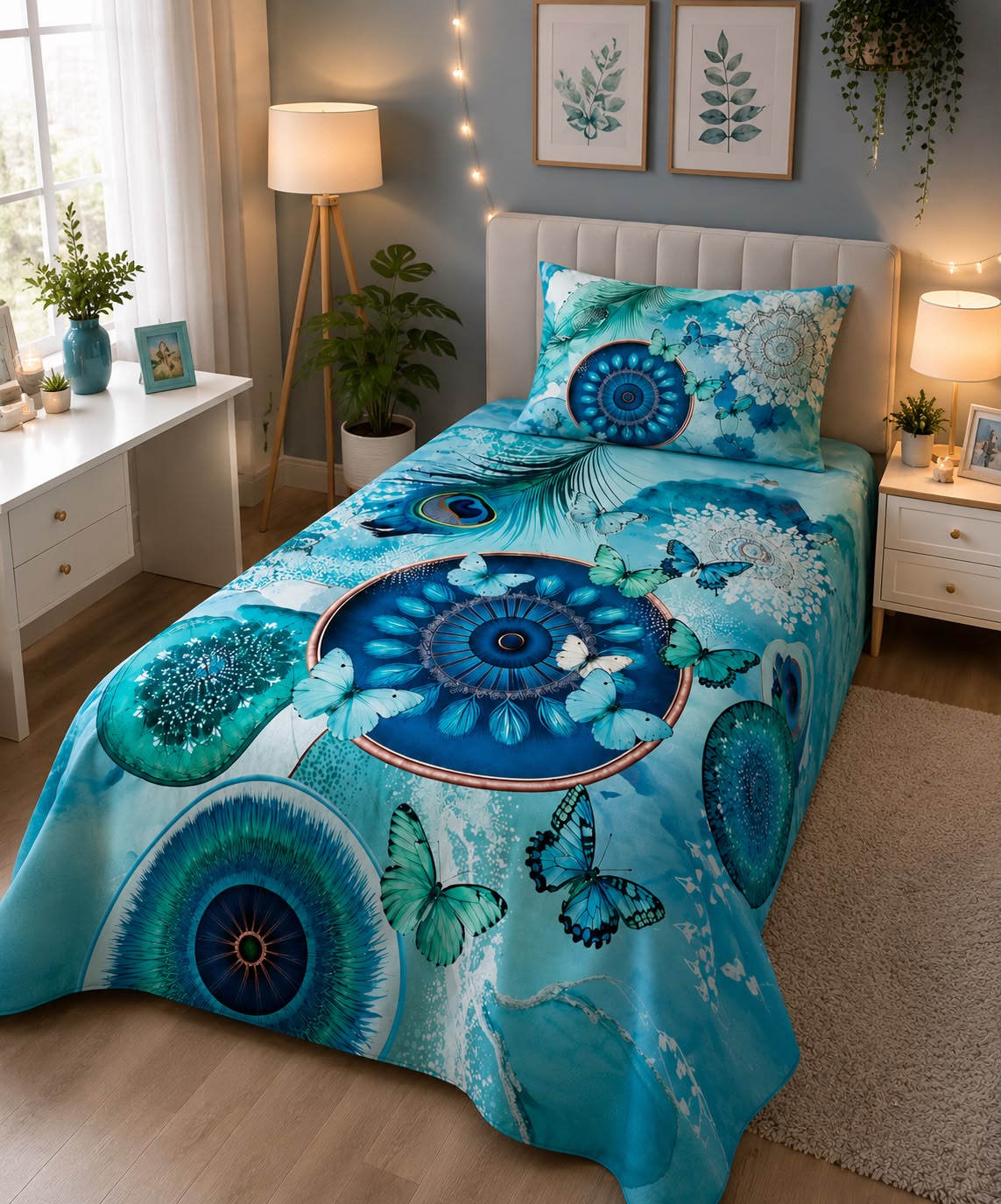 Blue Butterfly Mandala Kids Single Bed Sheet